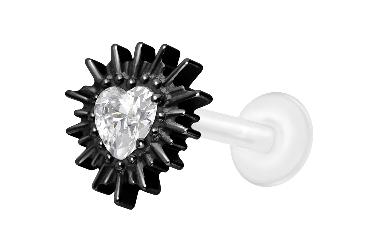 PTFE Labret Piercing mit Innengewinde + Titan-Aufsatz KRISTALLHERZ + SONNENSTRAHLEN